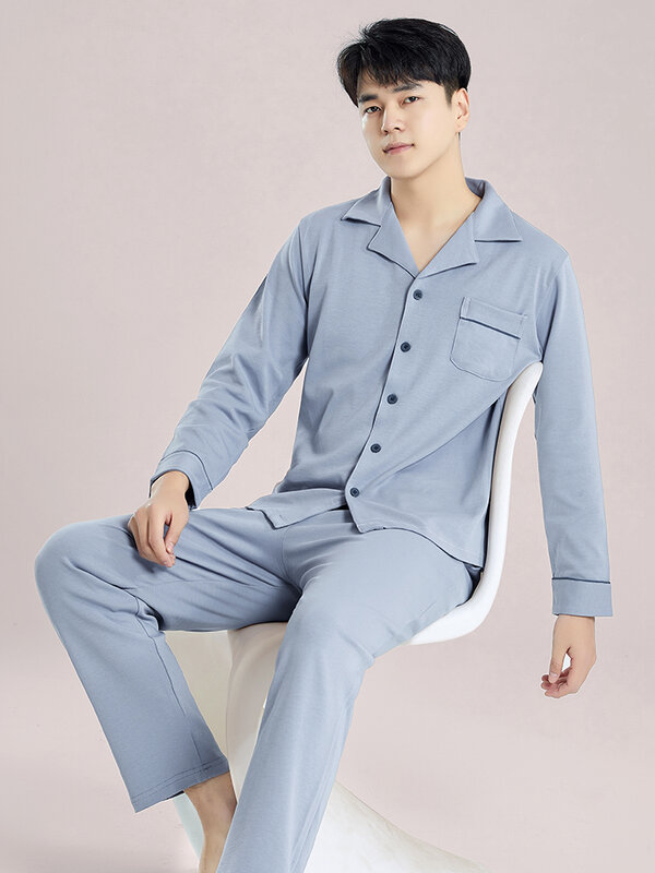 男性用の青い綿のパジャマ,ナイトウェア,家庭用の袖付き,綿のパジャマ,2個