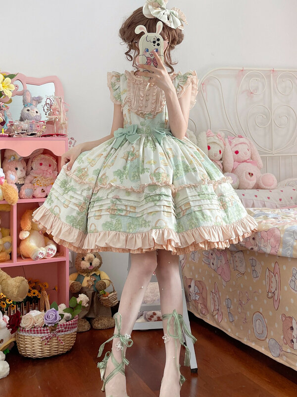 Vestido corto de princesa Lolita Jsk para mujer, traje de estilo Rural, Kawaii, con volantes, estampado de uvas, con lazo, para fiesta de verano