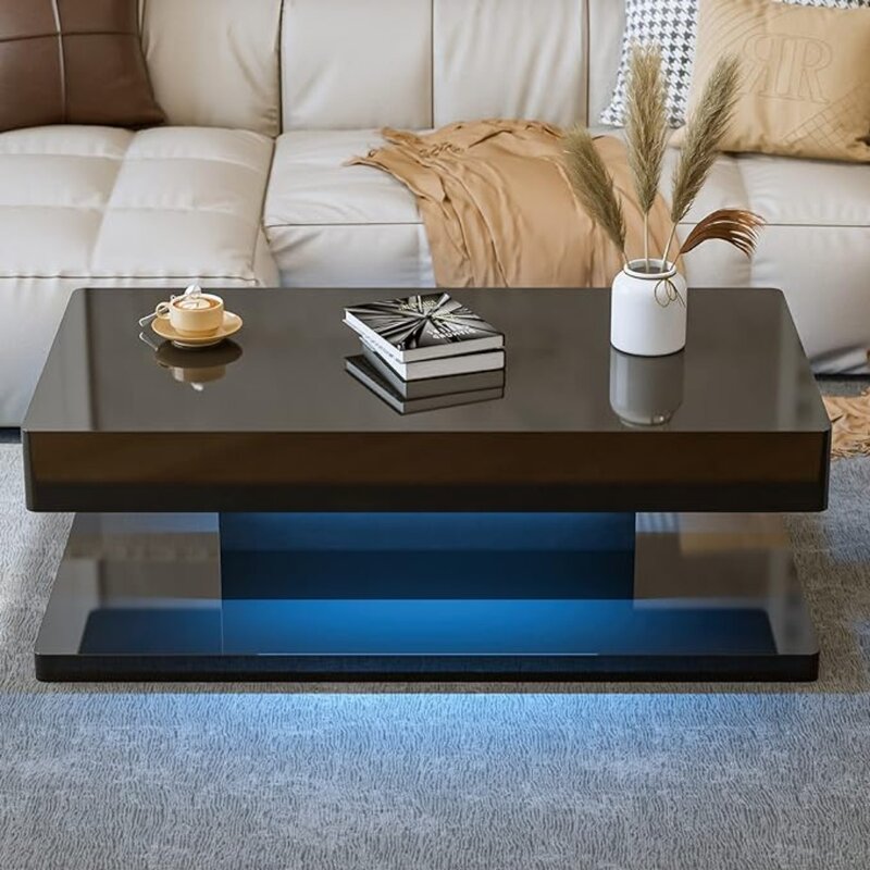 서랍이 있는 커피 테이블, 고광택 직사각형 커피 엔드 테이블, 16 색 LED 조명, 커피 테이블