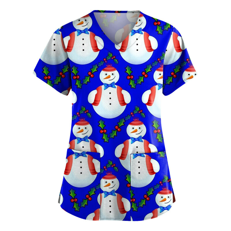 Atasan Gosok untuk Wanita Blus Kerja Atasan Leher-v Lengan Pendek Print Selamat Natal Fashion Kaus Perawat Klinik Wanita Seragam