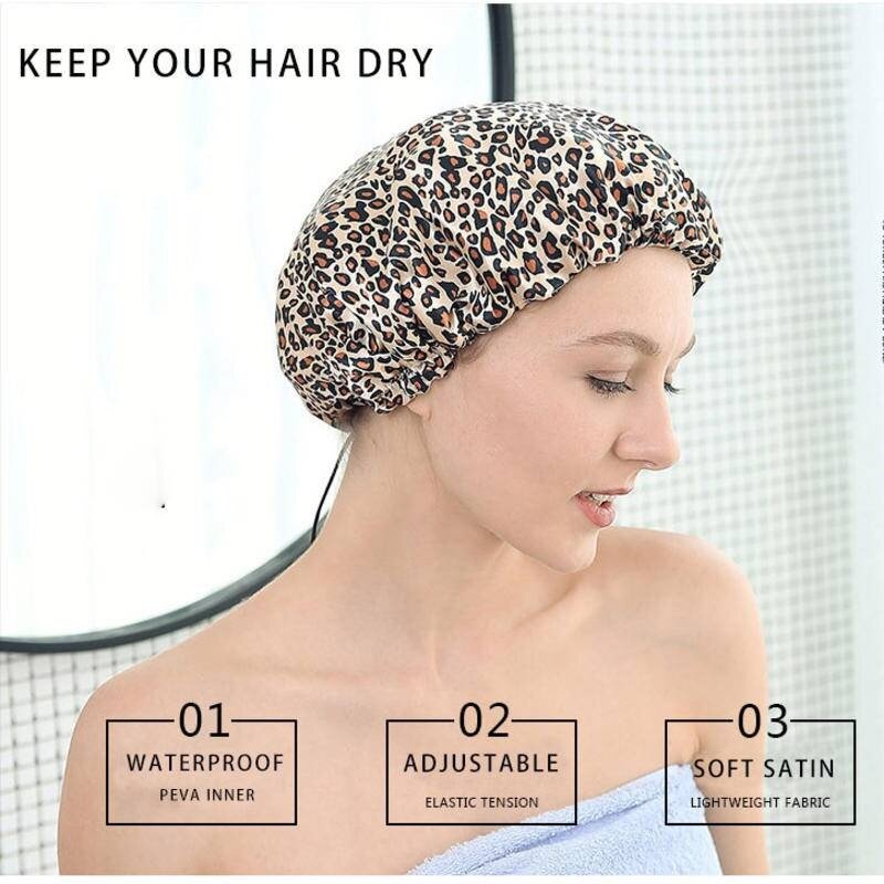 Shower Caps Reusable Waterproof Bath Cap Extra Large Shower Cap Double Layer with PEVA Lining Adjustable Elastic Band