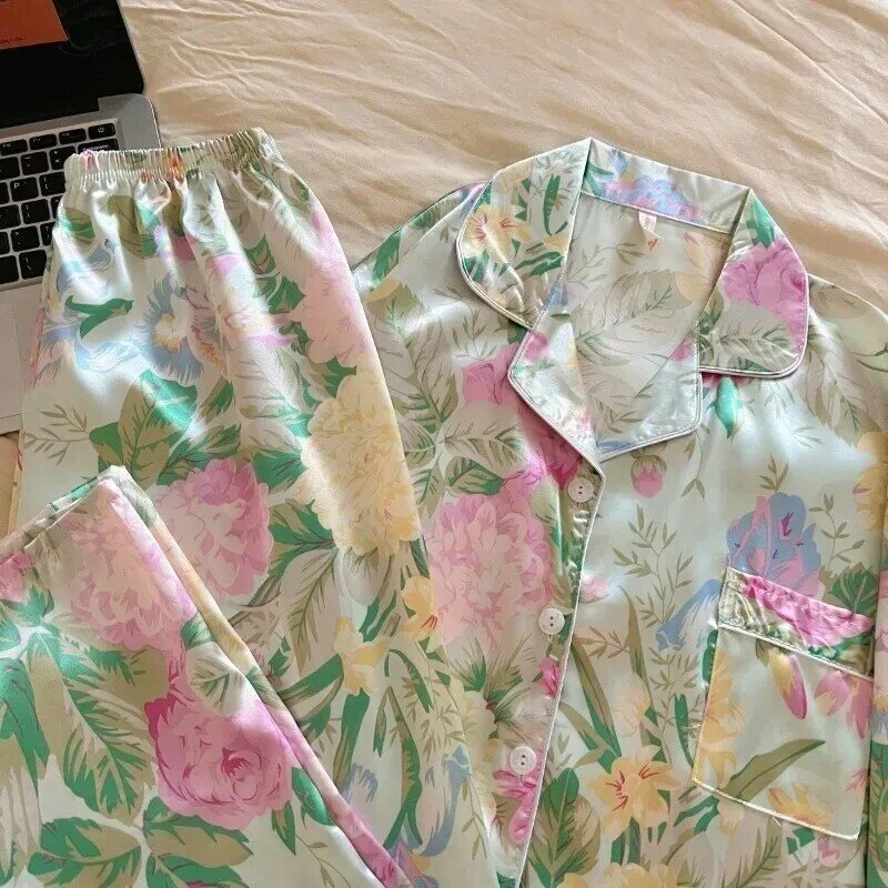 Hochwertige Pyjamas Frauen Frühling Herbst V-Ausschnitt Nachtwäsche japanische dünne Eis Seide Lounge wear Langarm Homewear Schlafsaal Set