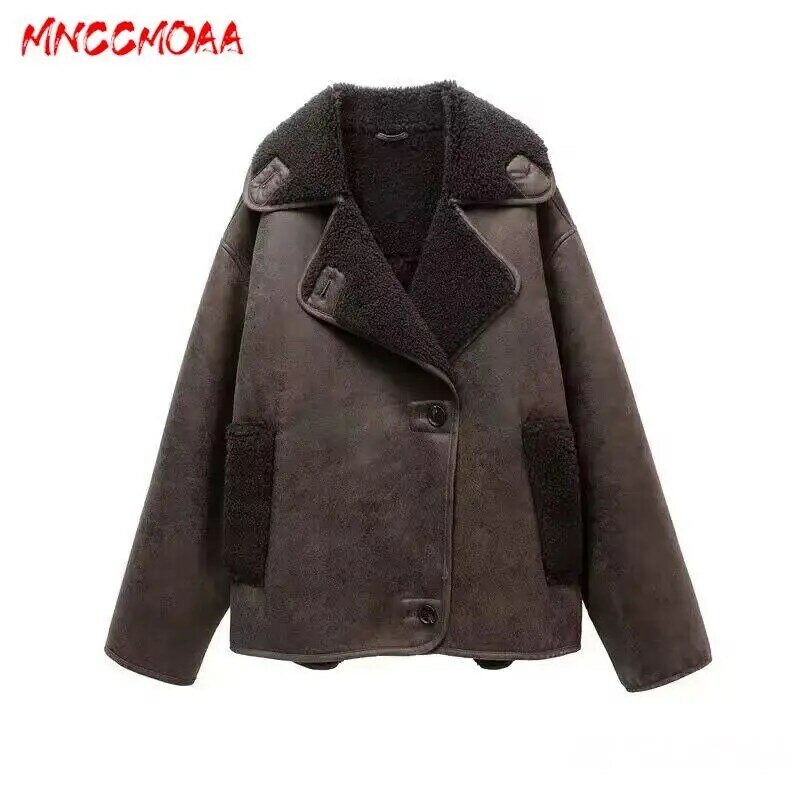 MNCCMOAA 2023 Winter High Quality Women's New Vintage Thick Faux Leather Lambswool Jacket Coat Casual Pocket Warm Outwear Female