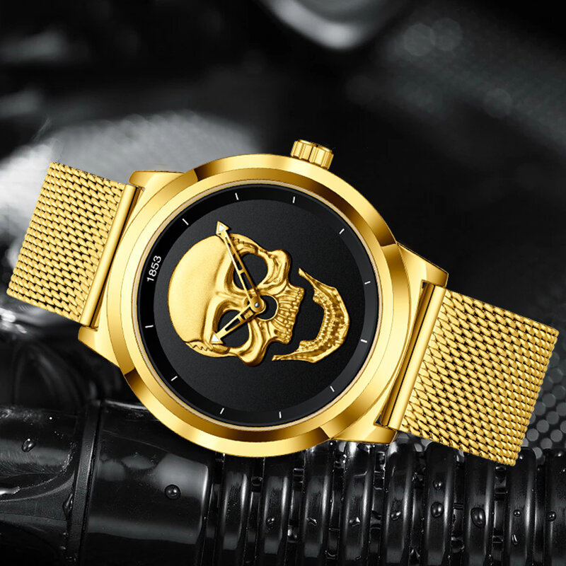 Luik Top Luxe Merk Goud Zwart Skull Mannen Horloges Met Rvs Sport Waterdichte Quartz Klokken Mannelijke Creative Horloge