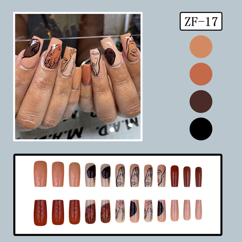 24pcs Brown Fake nails Ins Lady Face Printed Design Press on Nails Mid Length Coffin Ballet False Nails Fashion Style Fake Nails