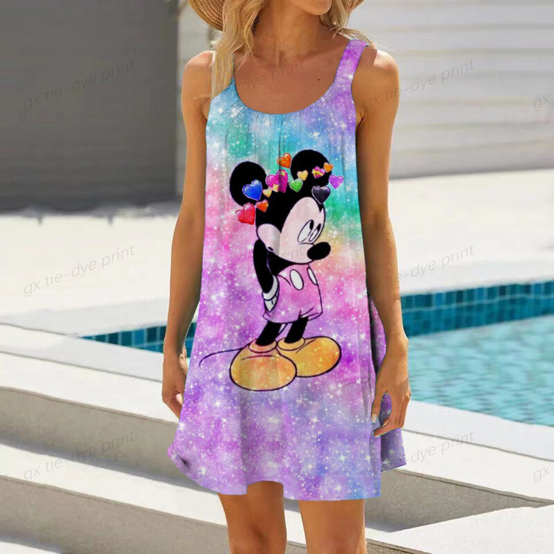 Kobieta luźna plaża Sexy Mickey Cartoon bez rękawów Disney drukuj damska sukienka Minnie Mouse eleganckie sukienki Boho 2023 Sling lato