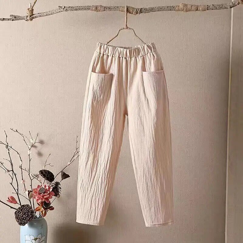 Spring Autumn Solid Color Comfortable Harem Ladies Simplicity Elastic Waist Pants Women's Clothing New Flax Pocket Trousers