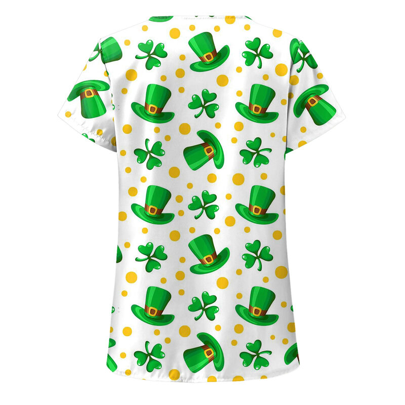 Clover Print Green Scrub Tops St. Patrick's Day Clinic Carers Nurse Uniform Clinic Staff Blouse uniforme de enfermera para mujer