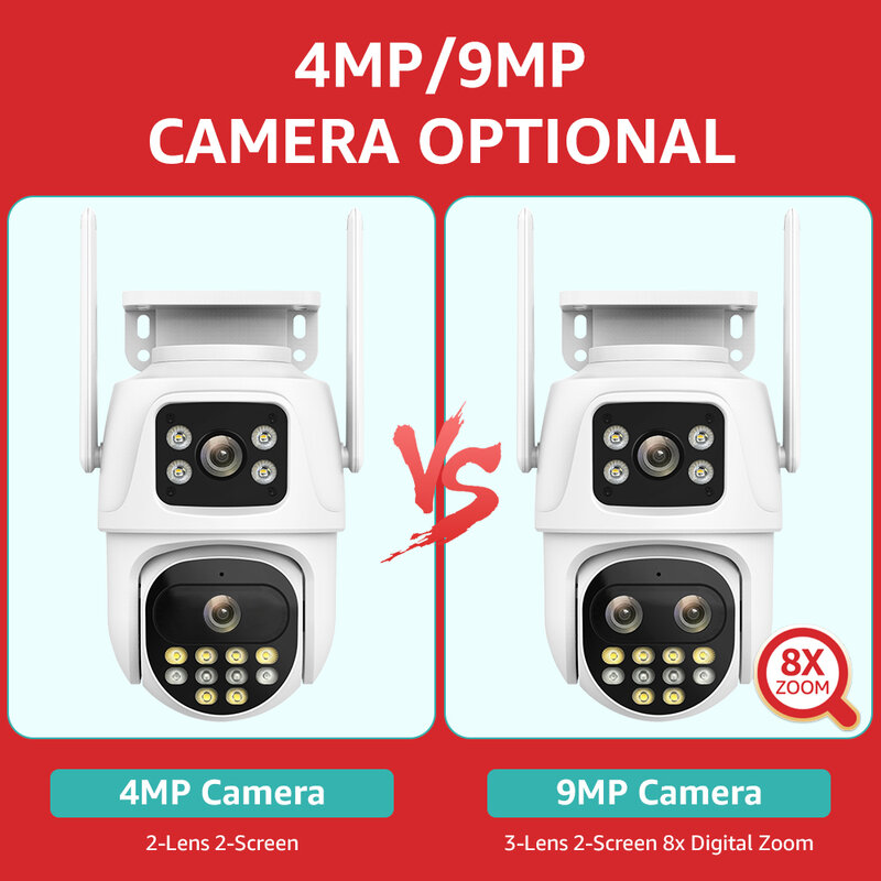 Telecamera di sorveglianza Wifi Outdoor PTZ 9MP tre lenti 8X Zoom digitale AI rilevamento automatico rilevamento umanoide telecamera di sicurezza 4MP