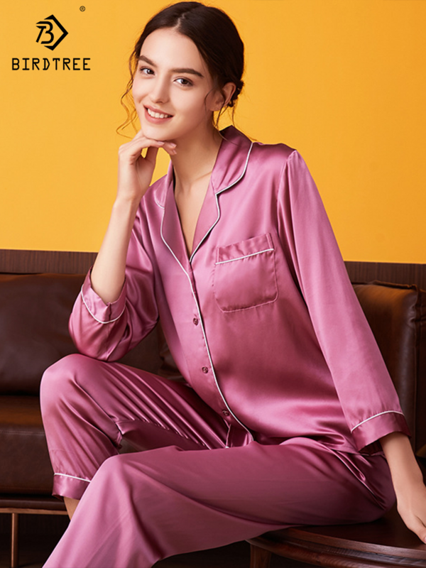 16MM 100% Silk Pajamas Set for Women Summer and Autumn Long-sleeved Mulberry Home Service Silk Women's Pocket Pijama Set P31013Z