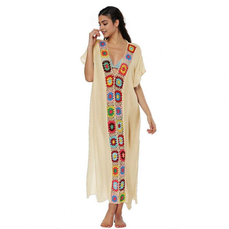 Vestido de cobertura de praia respirável para mulheres, flor elegante de crochê, maiô com decote em v com divisão lateral
