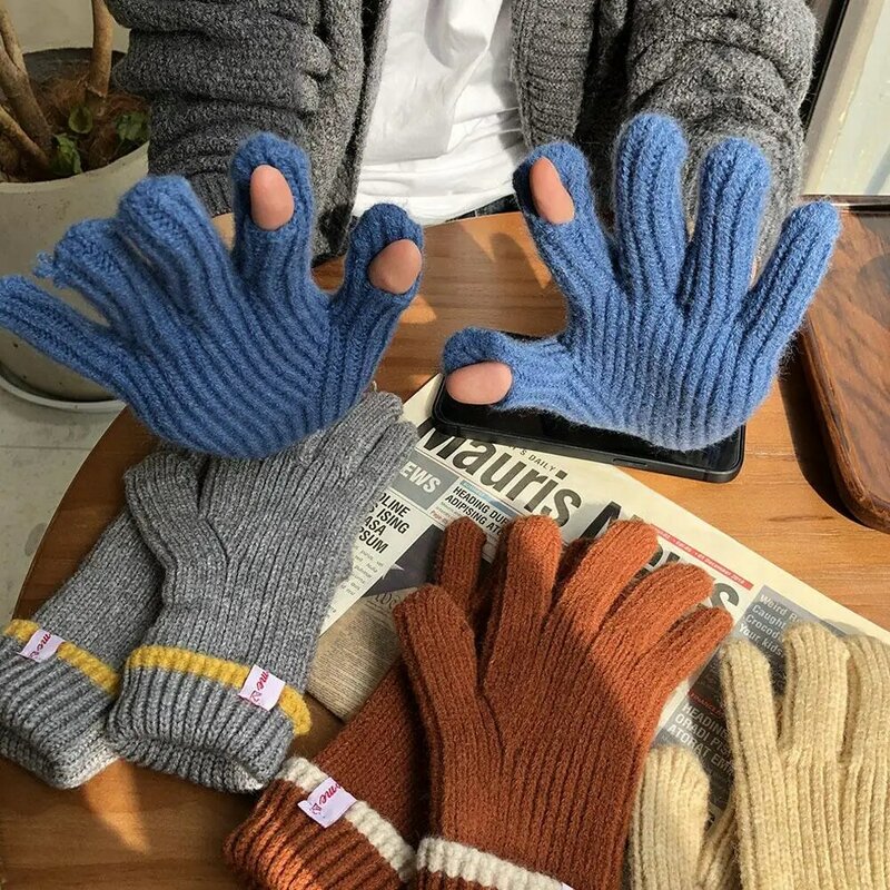 Зимние вязаные плюшевые перчатки для женщин и мужчин, цветные флисовые теплые вязаные перчатки с пальцами для сенсорного экрана, однотонные плотные шерстяные перчатки