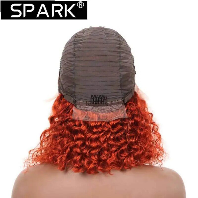 Spark-Tiangオレンジカラーボブウィッグ、100% 人間の髪の毛、事前に摘み取られた、レースフロント、中央部分、ディープウェーブ、ショート、8-16インチ、 #350