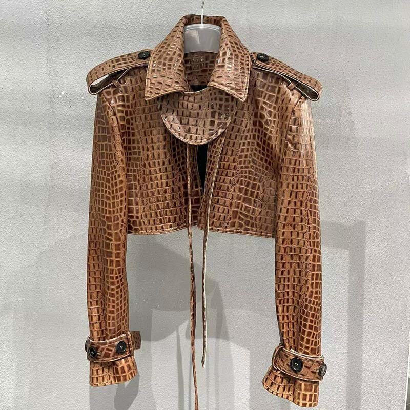 Женская куртка из натуральной кожи, демисезонная куртка из натуральной кожи с длинным ремнем, Имитация крокодиловой текстуры, натуральная овчина, 2023