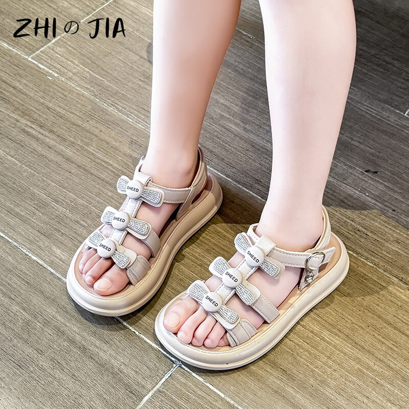 Summer New Girls Beach Sandals Hook and Loop Fastener Open Toe Sandals Big Kids Fashion Trend Shoes Outdoor Breathable Shoes