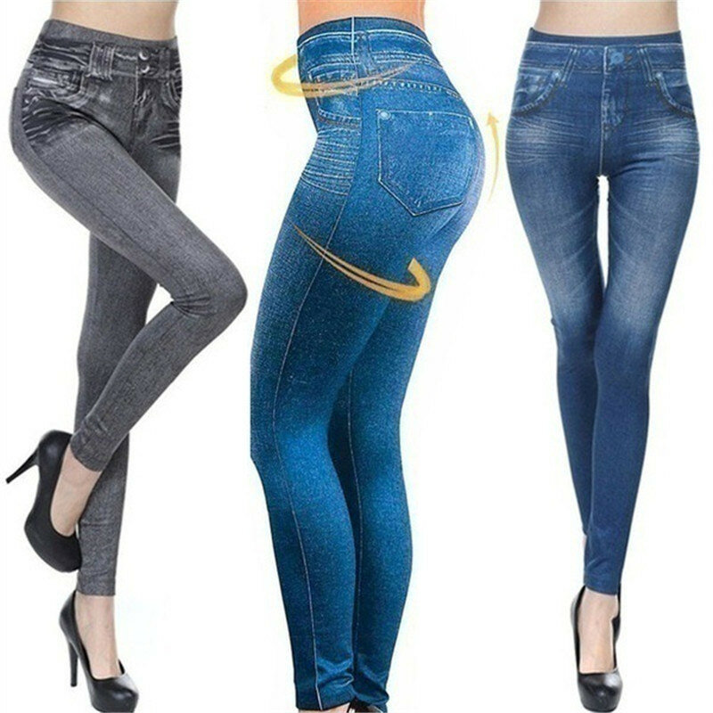Leggings de jeans artificiais com bolsos falsos, jeans de cintura alta, jeggings elásticos, suave e casual, calça fitness, calça lápis fina
