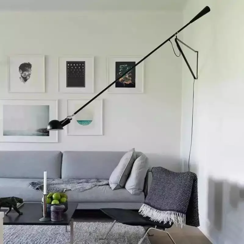 Metal Rotatable Long Arm Lâmpada de parede com plug and switch, Luminárias para salão, quarto e leitura, preto e branco, E27