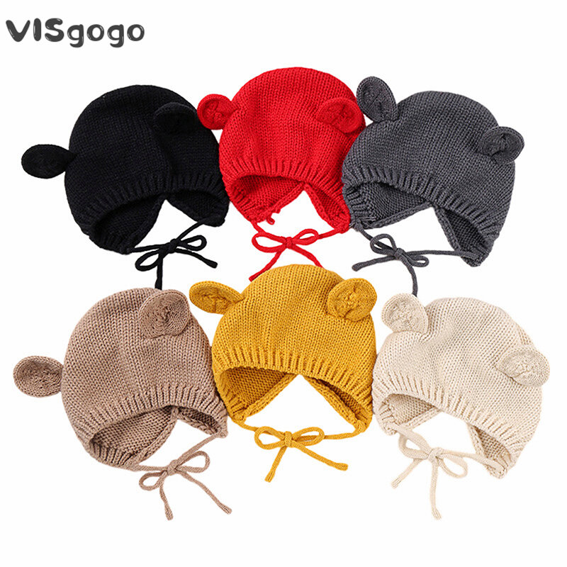VISgogo 아기 니트 비니 귀여운 토끼 귀 부드러운 단색 아기 모자, 귀와 따뜻한 겨울 모자, 여아 남아 액세서리