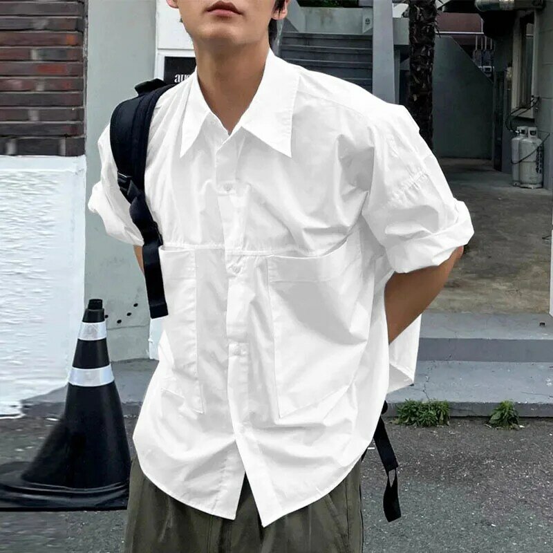Été Hommes Chemise Solide document Revers Demi Manches Streetwear Hommes Vêtements 2024 Style Coréen Mode Chemises Décontractées S-5XL INCERUN