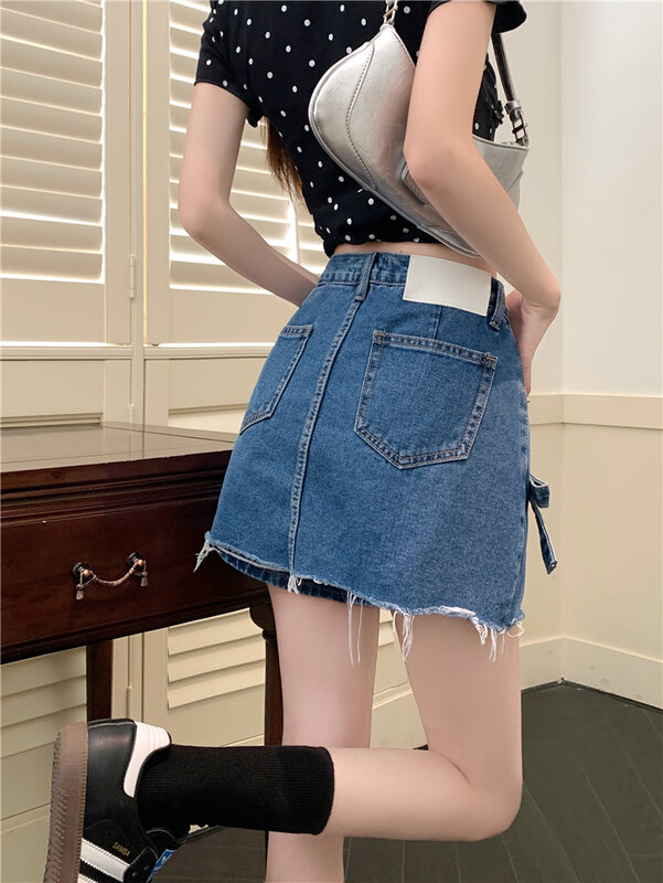 Винтажная джинсовая юбка Benuynffy с необработанным краем, женская летняя трапециевидная мини-юбка с высокой талией, Корейская Повседневная Уличная одежда с бантом, джинсовые юбки