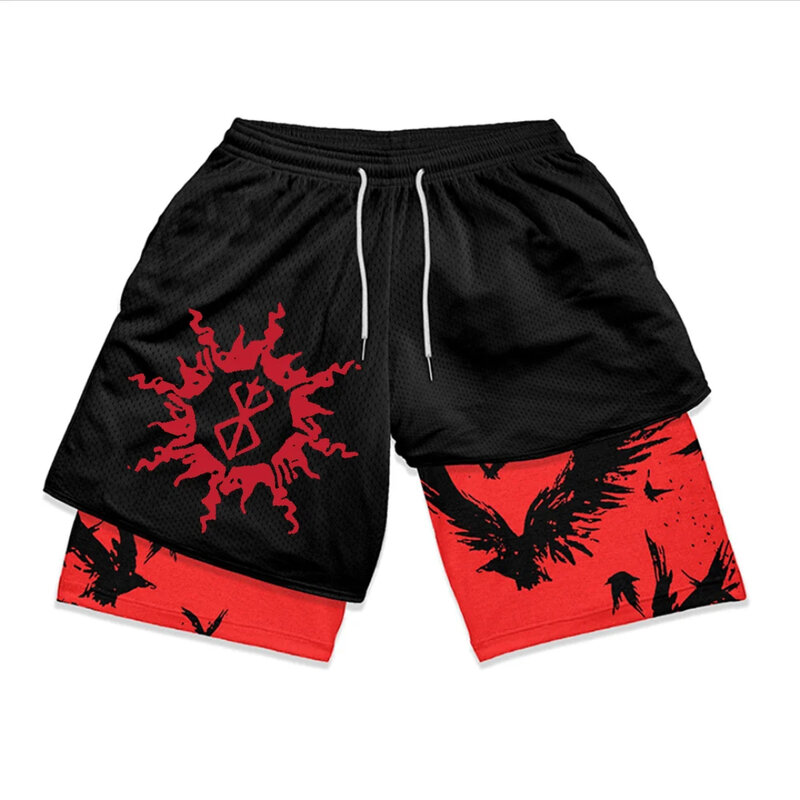 Pantalones cortos Y2K para hombre, Shorts deportivos informales de doble capa con estampado de Anime gótico, japonés, Harajuku, 2 en 1, novedad