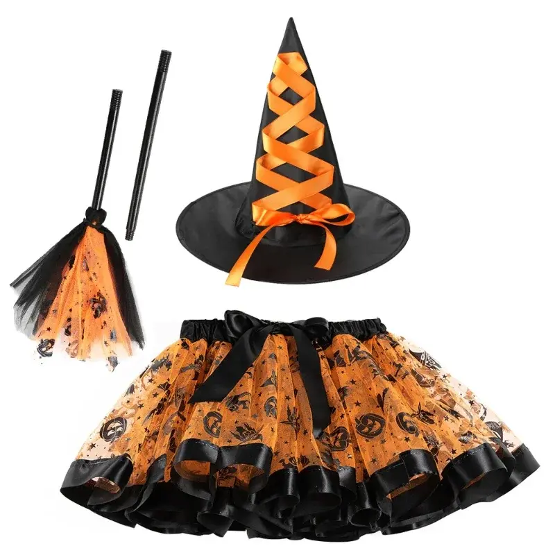 Cosplay Mädchen Halloween Kostüm Hexe Thema Party Karneval Zauberin Rollenspiel Kleidung Requisiten drucken Mesh Tutu Rock mit Hut Besen
