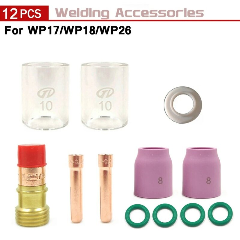 12pcs TIG Welding Torch Accessories Kit Stubby Alumina Nozzle Stubby Gas Lens for TIG WP-17/18/26 Welding Equipment