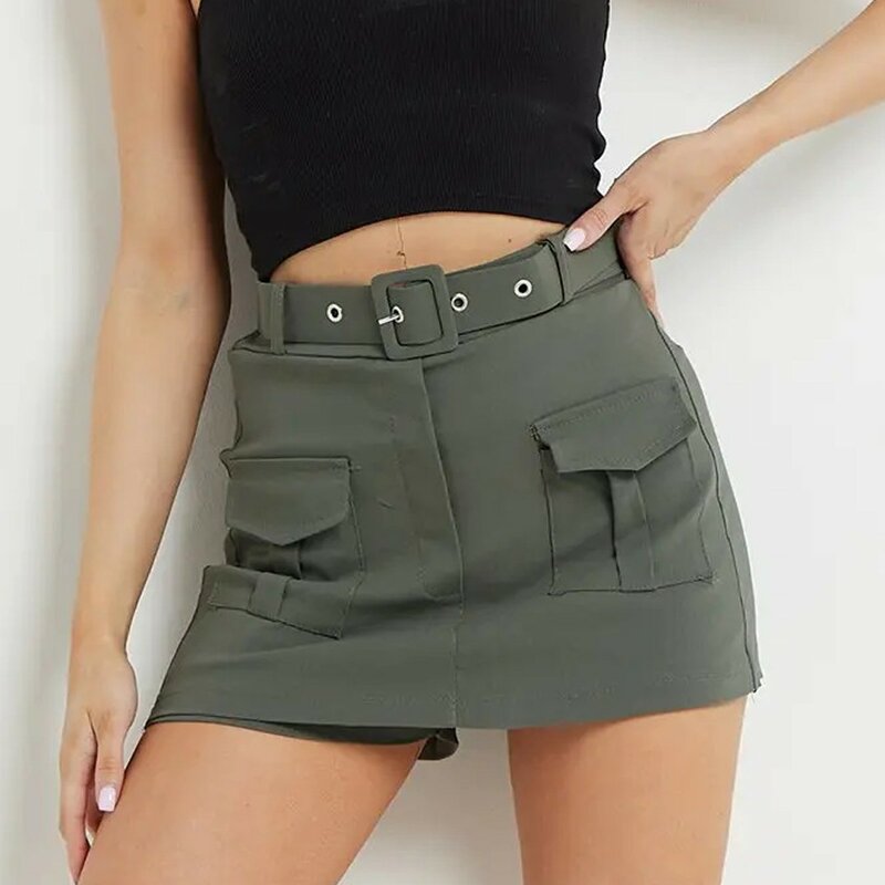 Low Waist Cargo Skirt Women Button Mini Cargo Denim Skirt With Pockets High Low Skirt