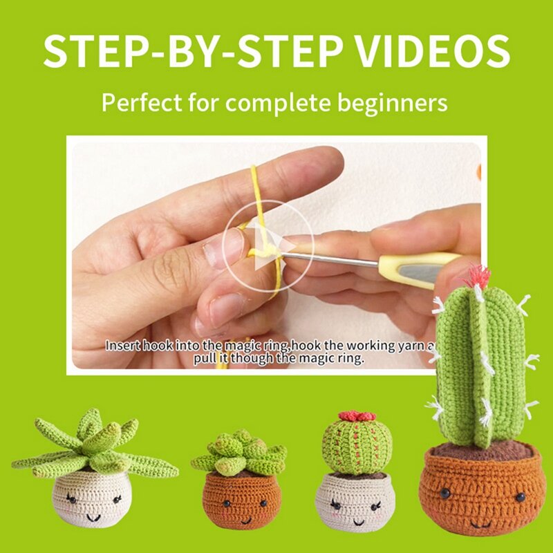 Beginner Crochet Kit, Learn Crochet Kit Acrylic Cactus Ornamental Plant Pot For Adults And Kids