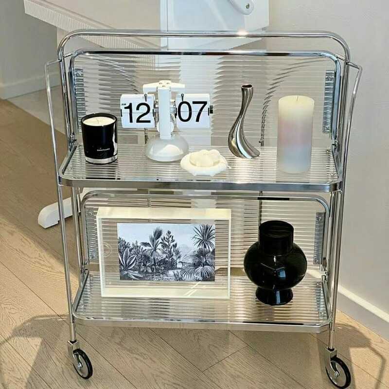 Hot Transparent Glass Dining Cart Trolley Home Kitchen Bar Wheel Table Foldable Side Table Living Room Bedroom Mobile Shelf