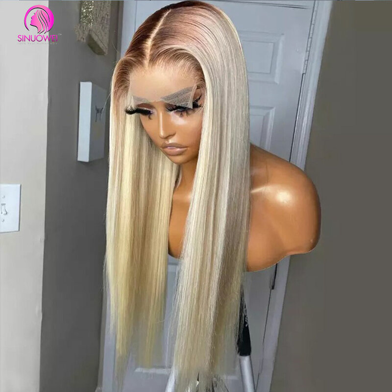 Peluca de cabello humano liso con encaje Frontal para mujeres negras, pelo de color rubio 4/613, 13x4, 30 pulgadas, prearrancado, 180%