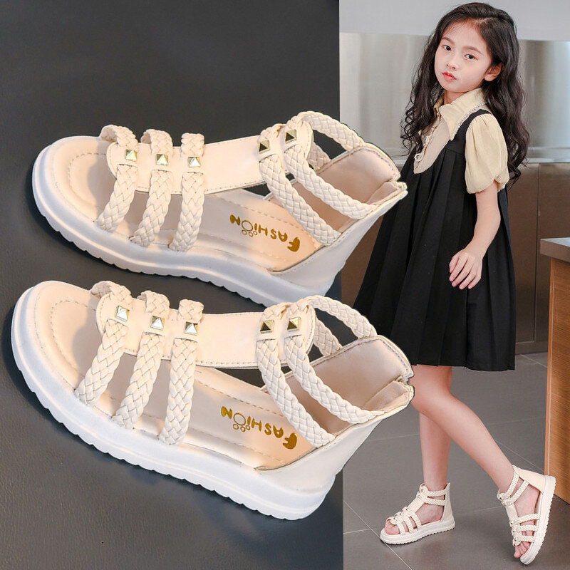 Sandalias romanas con punta abierta trenzada para niñas, zapatos informales planos huecos, remaches simples de alta calidad, Color sólido, moda de verano