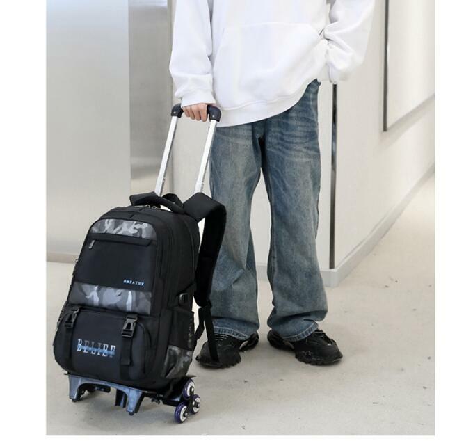 男の子、子供のローリングバッグ、送料無料、17インチのためのカート付きの学校の輪のバックパック