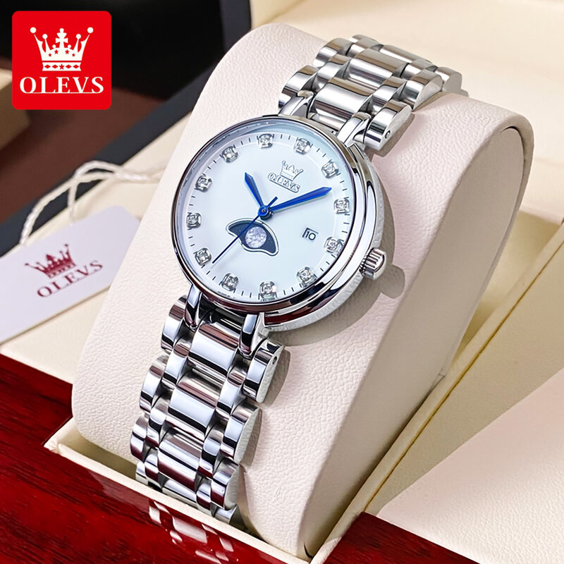OLEVS-Relógio de luxo quartzo diamante para mulheres, pulseira de aço inoxidável, relógios impermeáveis, moda, data, fases da lua, novíssimo