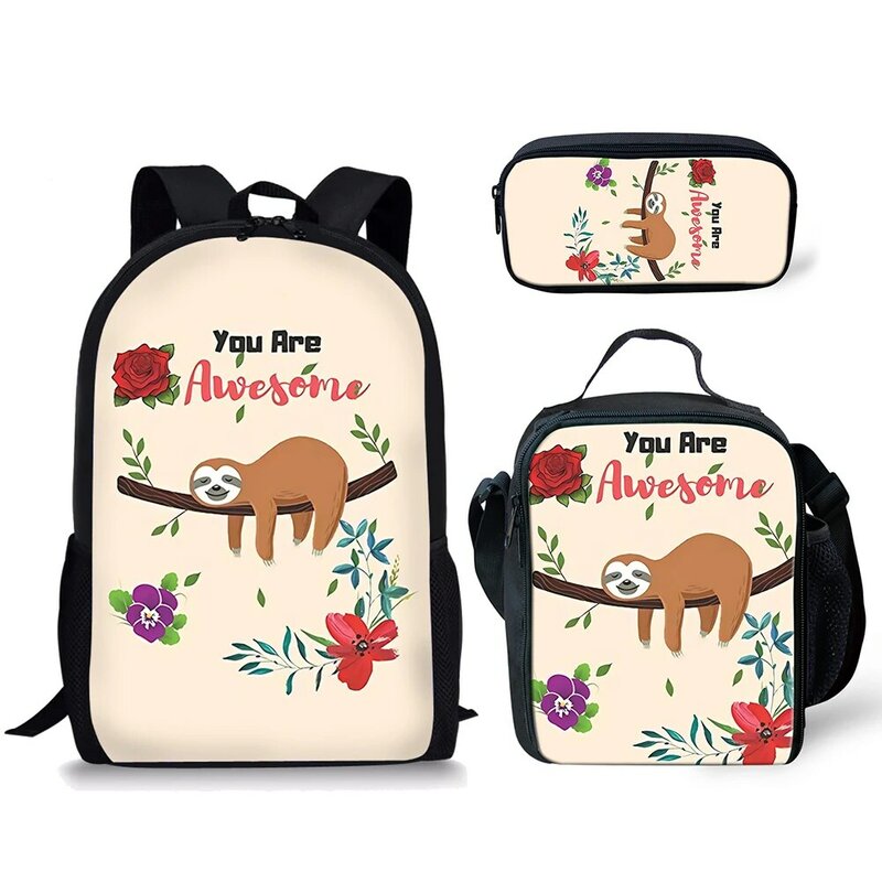 Belidome 3Pcs Schoolbag for Teen Boys Girls Funny Sloth Floral Print Backpack for Primary Student Back to School Mochila Escolar