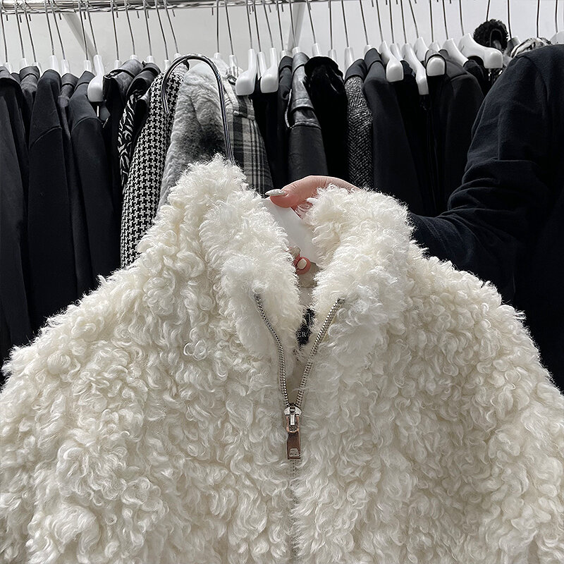 Optics-Manteau en laine à manches longues pour femme, fausse fourrure, veste chaude, vêtements d'extérieur en fourrure, haut chic pour femme, garde au chaud, doux, automne, hiver