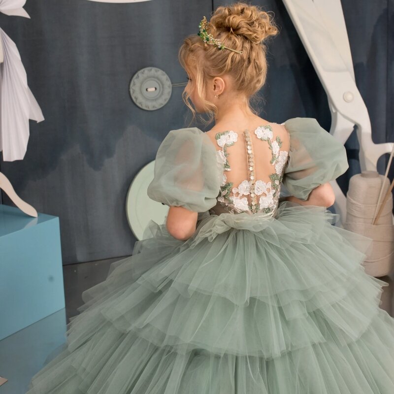 Flower Girl Dresses Green Tulle White Figure Appliques Tiered Half Sleeve For Wedding Birthday Banquet Princess Gowns