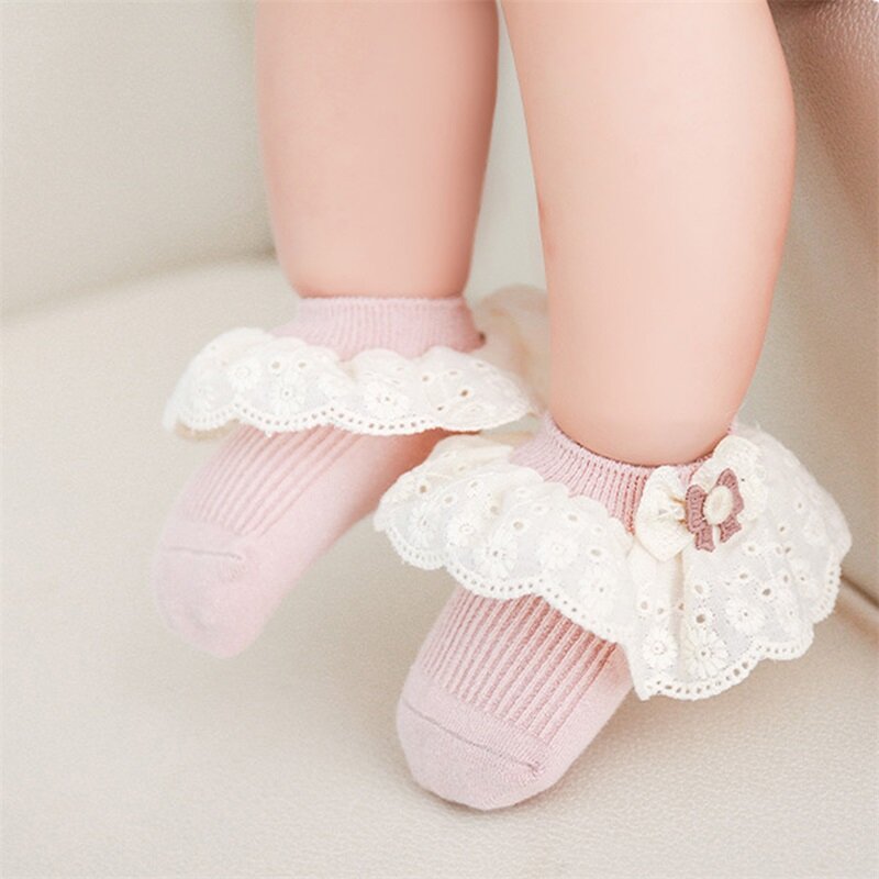 Baby Girls Princess Socks Cute Bow Lace Ruffle Socks Breathable Ankle Socks for Toddler Infant Clothing Accessories