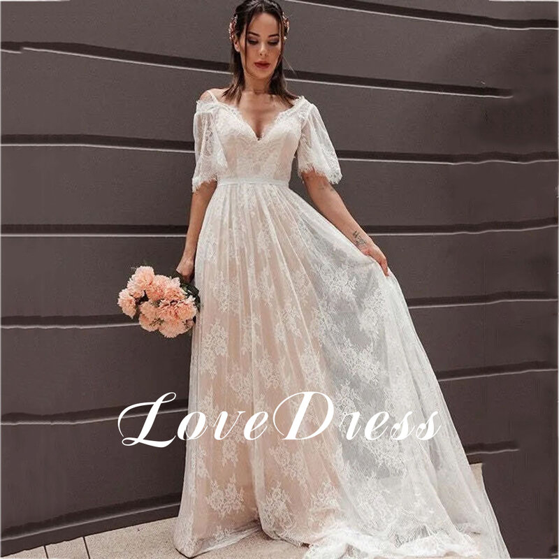 Boho V-Neck Wedding Dress Chiffon A Line Short Sleeve Backless Floor Length Pleated Bridal Dressing Gown Vintage Bride Dresses