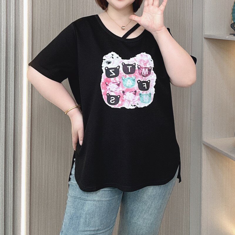 Summer 2024 New Long Tops Women Plus Size Design Neckline Hollow Slit Tees Loose Casual Bear Print short-sleeved T-shirt