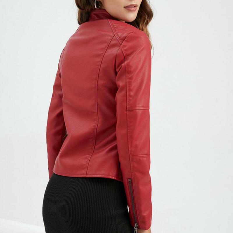 Jaqueta de motociclista de couro falso com gola para mulheres, jaqueta slim fit, design elegante, zíper, elegante