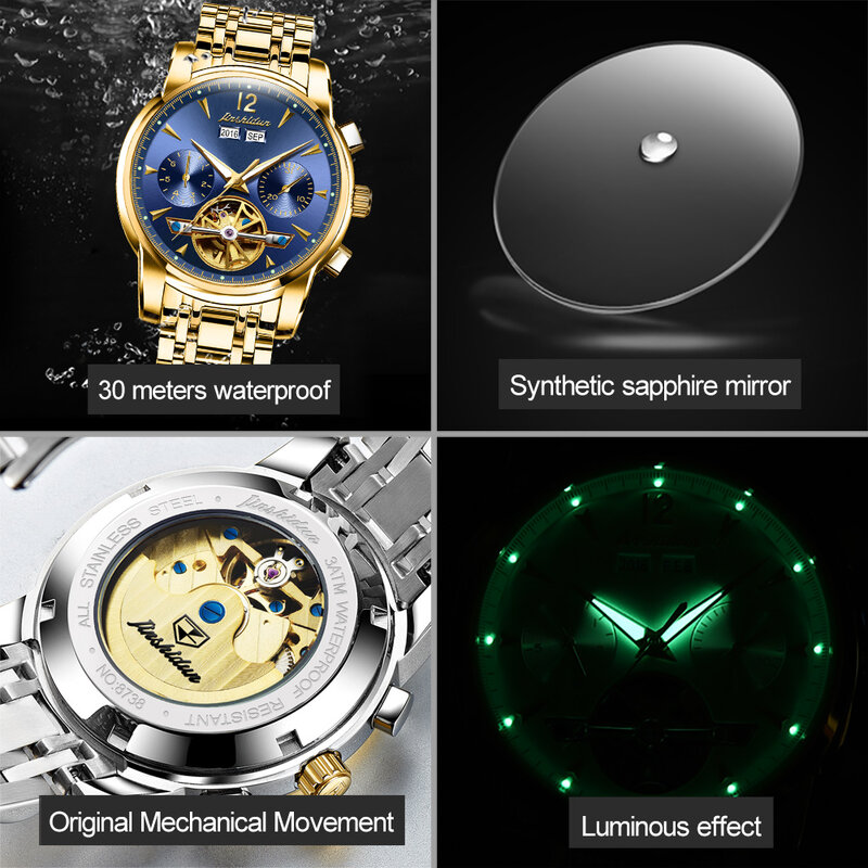 JSDUN Original Brand Men's Mechanical Watch Stainless Steel Strap Year Month Hollow Out Luxury Watch for Men Fashion Waterproof