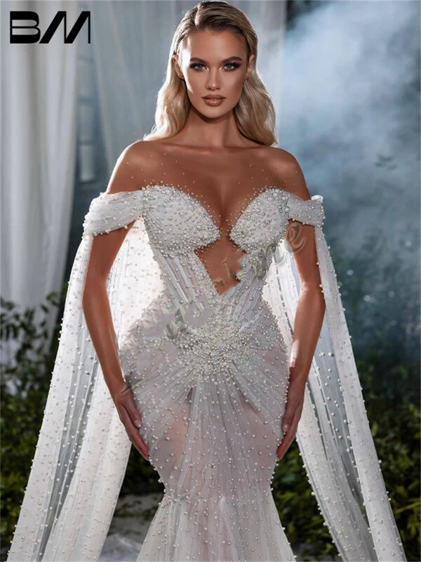Vestido de noiva sexy ilusão sereia com pérolas para mulheres, vestido de noiva, pescoço, capa, tule, vestidos de noiva luxuosos