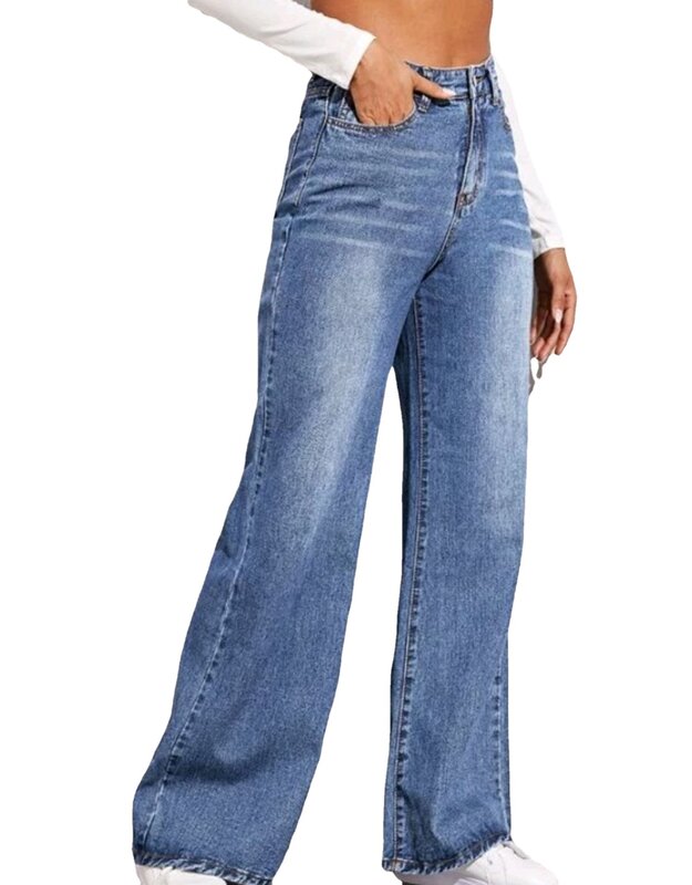 Blue Jeans for Women Wide Leg Pants Straight Long Pant Denim Trousers High Waist Y2k Loose Elegant Trouser Autumn Spring 2024