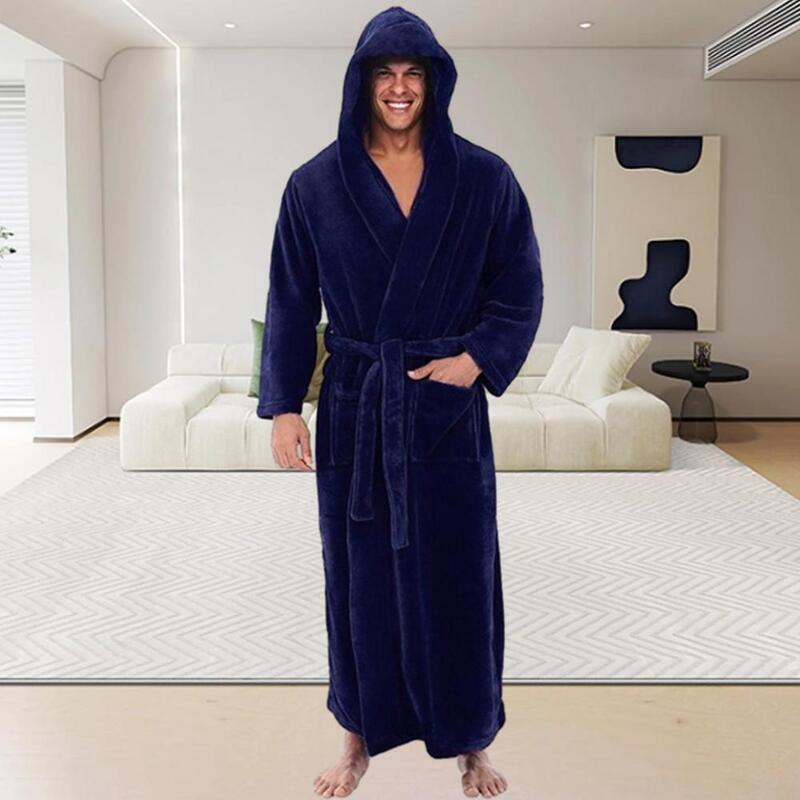 Men Hooded Bathrobe with Adjustable Belt Super Soft Fluffy Highly Absorbent Solid Color Pocket Design Male Bathrobe