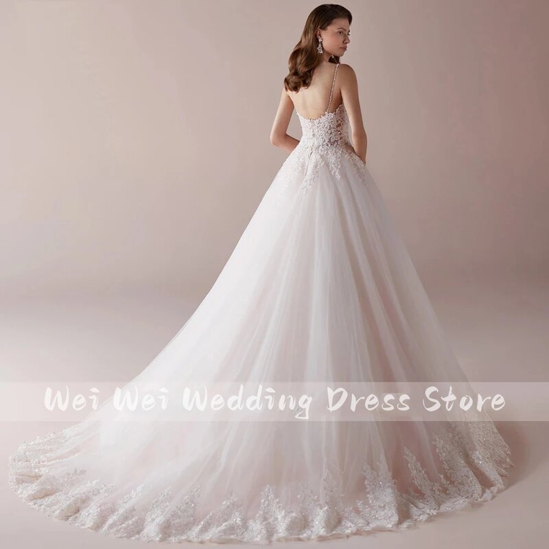 2023Custom Delicate Sweetheart Wedding Dress Sleeveless Bridal Women Train A-Line Tulle Lace Appliques Backless Vestido De Novia