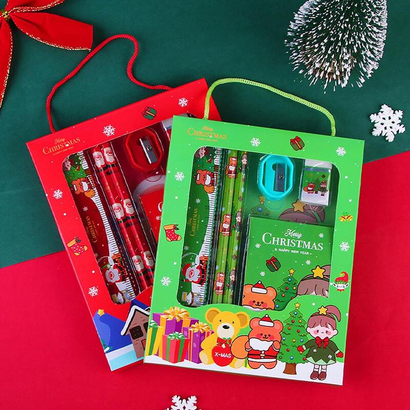 Rautan pensil ramah inti, Set alat tulis Natal Kawaii pola kartun Natal rautan pensil penghapus pensil anak-anak