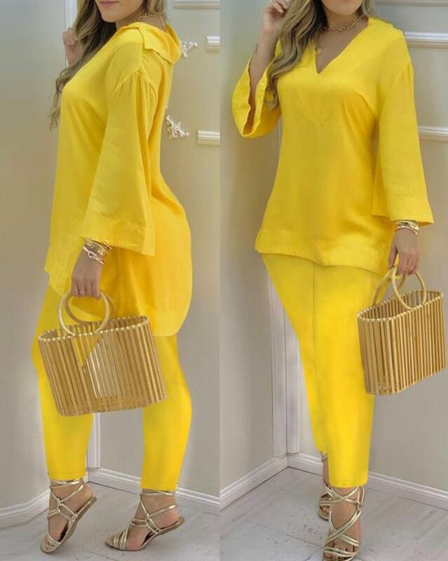 Two Piece Sets Women Outfit 2024 New Spring Bright Colors Bell Sleeve V-Neck Casual Top & Casual Daily High Waisted Pants Set