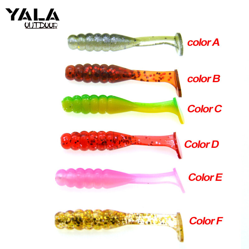 Señuelo de pesca de doble Color, cebo de gusano Artificial, cola en T, 5cm, 1,5g, 6 colores, 15 unids/lote por bolsa