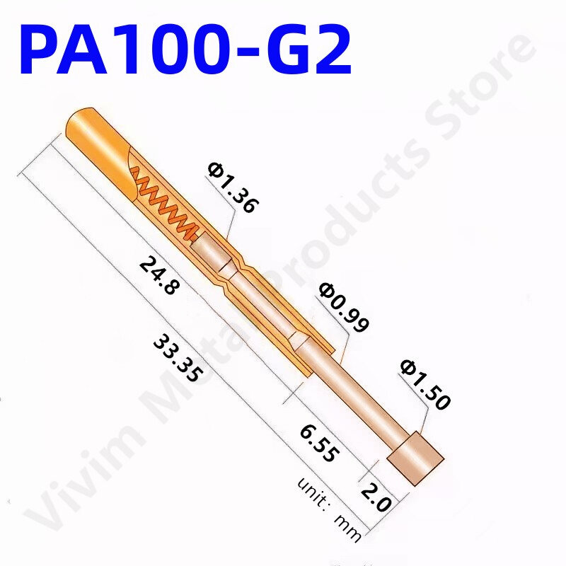 หัววัดทดสอบสปริง PA100-G2 100ชิ้นขาทดสอบ PA100-G เครื่องมือทดสอบ P100-G P100-G2ขนาด33.35มม. 1.36มม. ปลายเข็มทองเข็มหมุด Pogo 1.50มม.